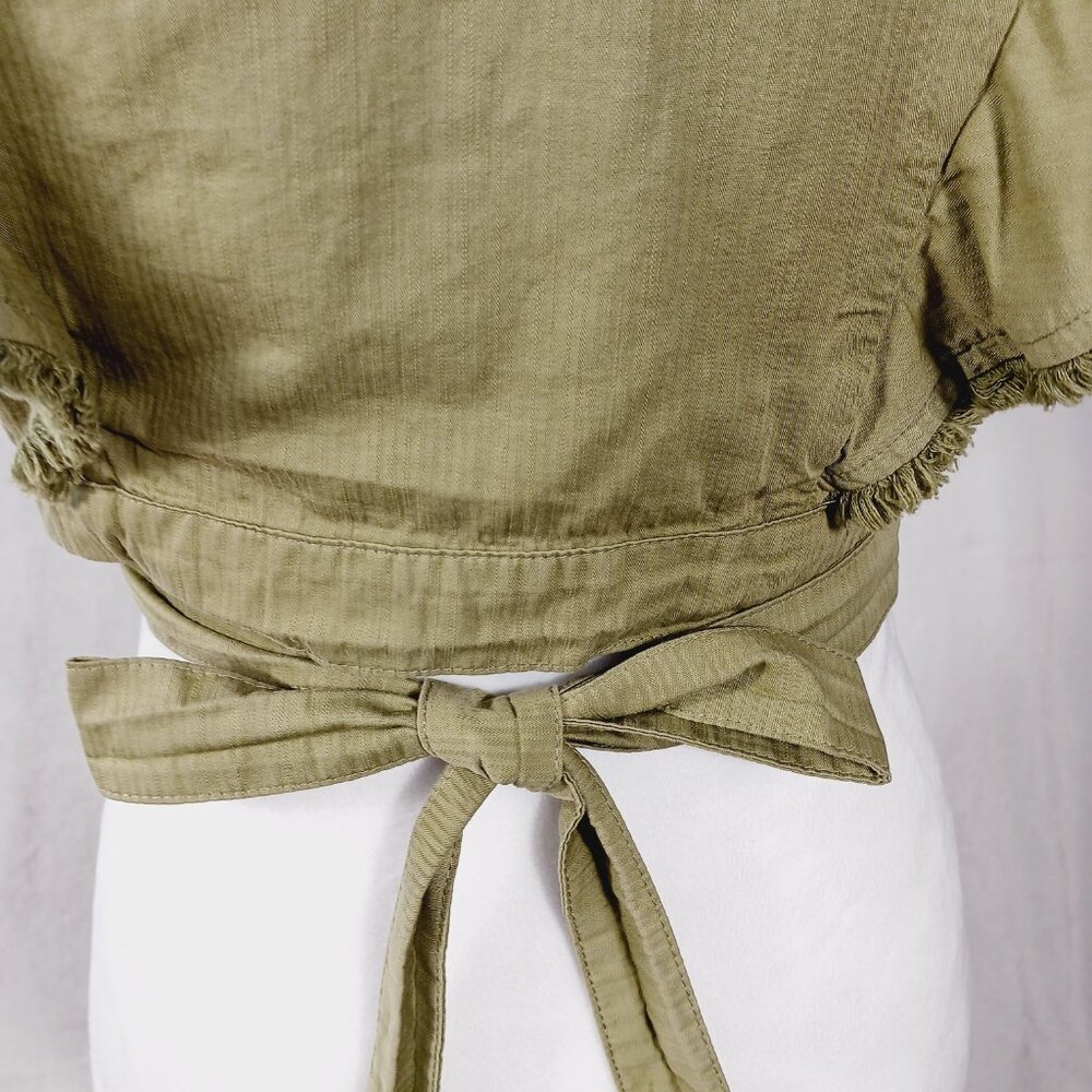 DO + BE, Khaki Green Crop Top Wrap Tie Waist Ruffled Sleeves Cotton, Festival, S - Picture 6 of 13